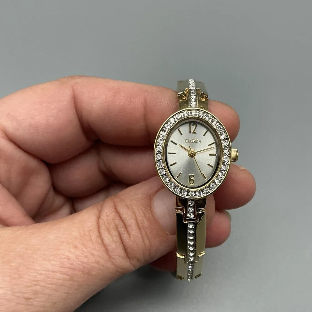 Elgin Womens Watch 19mm Oval Dial Gold Tone Crystals New Battery 7.5